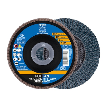 Pferd 5" x 7/8" A.H. POLIFAN Flap Disc - Z PSF STEELOX, Zirconia, 120 Grit, Conical 63034
